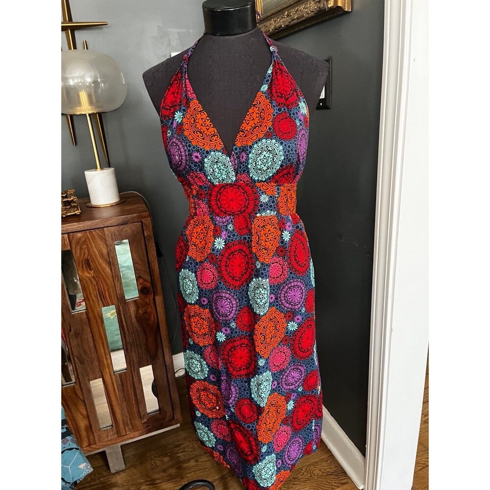Fish Fry Cotton Halter Sun Dress Summer Dress Backless Aztec Pattern Red Blue M